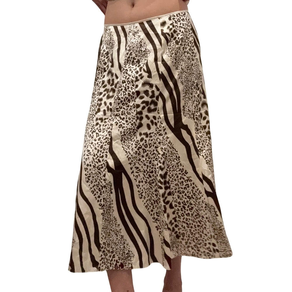 Boho Mixed Animal‎ Print Midi Skirt Zebra Leopard Satin A-Line